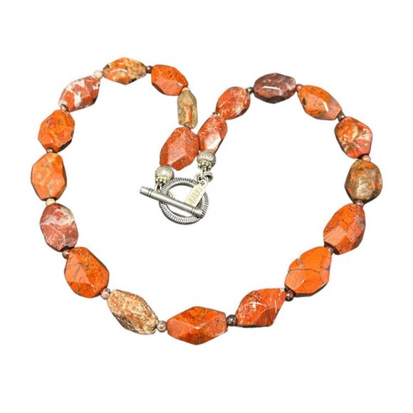 Signed Peyote Bird 925 Toggle Necklace Red Orange Jasper Chunky Beaded 17.5 in - Picture 4 of 6